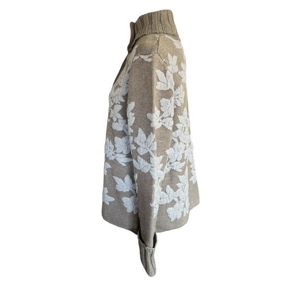 Jamie Gries Cozy Chic Collection Cardigan Turtleneck L Taupe Floral Sweater - Picture 2 of 9